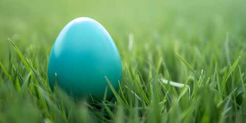 Turquoise Easter Egg in green grass with copy space for text.
