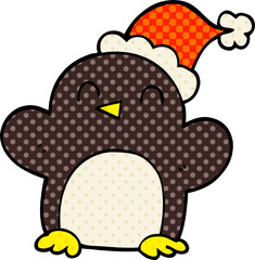 cartoon doodle penguin wearing christmas hat