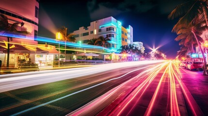 Immerse yourself in a world of Magical Realism with this highly detailed editorial-style photo, capturing the flow of traffic from a low camera angle with a long exposure shot. The neon lights, cinema