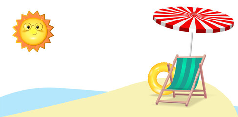 Isolated realistic 3d objects. Illustration of travel, tourism during vacation.
Chaise longue, umbrella, seashore. Vector image.