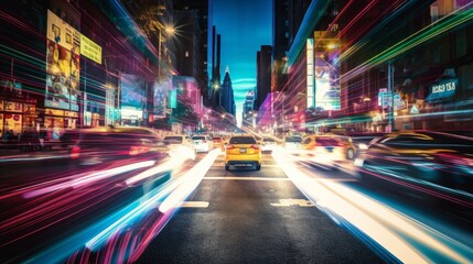 Fototapeta na wymiar Immerse yourself in a world of Magical Realism with this highly detailed editorial-style photo, capturing the flow of traffic from a low camera angle with a long exposure shot. The neon lights, cinema