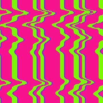Fototapeta Hand drawn seamless pattern with y2k trendy neon green stripes on hot pink background. 90s 2000s modern groovy popular abstract geometric pattern in optical illusion design print, bright colorful art.