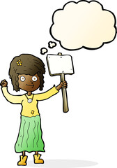 cartoon hippie girl with protest sign with thought bubble