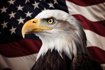 Close up detail of eagle with American flag in background created with AI