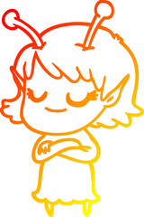 warm gradient line drawing smiling alien girl cartoon