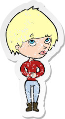 retro distressed sticker of a cartoon woman considering
