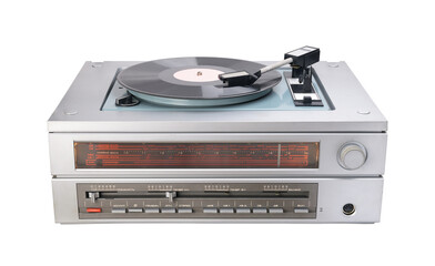 Vintage vinyl record player with record and radio tuner isolated on white background.