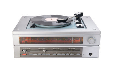 Vintage vinyl record player with record and radio tuner isolated on white background.