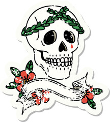 grunge sticker with banner of a skull with laurel wreath crown