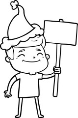 happy line drawing of a man with placard wearing santa hat