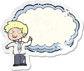 retro distressed sticker of a cartoon school boy with idea