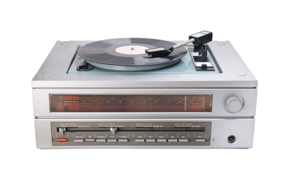 Vintage vinyl record player with record and radio tuner isolated on white background.