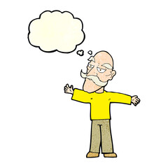 cartoon old man spreading arms wide with thought bubble