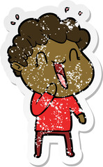 distressed sticker of a cartoon happy man