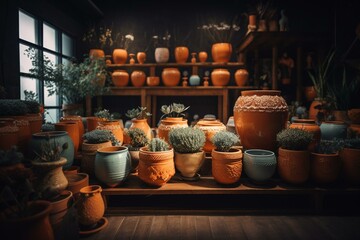 Fototapeta na wymiar Showcase of home decor shop with various ceramic flower pots for sale. Generative AI
