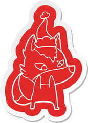 shy cartoon  sticker of a wolf wearing santa hat