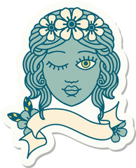 tattoo sticker with banner of a maidens face winking