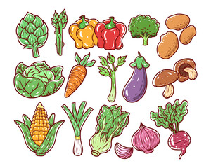 Types of vegetable hand-drawn illustration. Set of vegetables vector illustration.