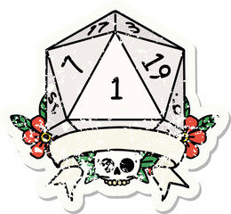 natural one d20 dice roll grunge sticker