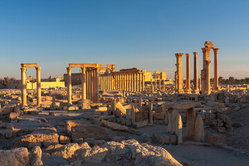 Beautiful view of the ruins in the desert of Syria, Palmyra at sunset. Palmyra before the war December 1, 2010.