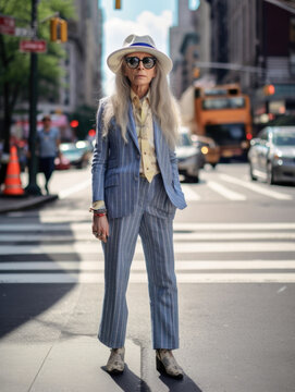 Stylish senior woman standing on street in urban city. Generative AI.