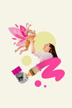 Photo collage of young mommy carry raise up newborn baby playing together maternity concept painting big brush drawing