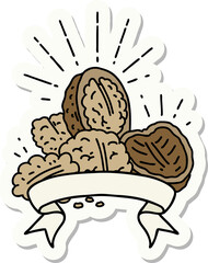 sticker of tattoo style walnuts with shell
