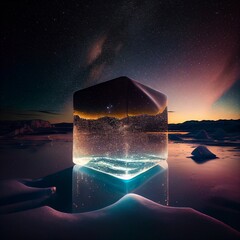 ice cube refracting sunlight in the twilight night sky with stars at the background