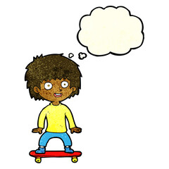 cartoon boy on skateboard with thought bubble