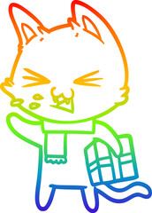 rainbow gradient line drawing cartoon hissing cat with christmas present