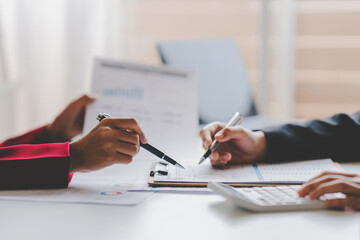 Businessman, financial inspector and secretary doing calculations make account analysis report Real estate investment information, financial and tax system concept