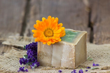 Obraz na płótnie Canvas Natural handmade soap with calendula and lavender