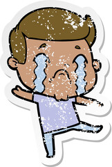 distressed sticker of a cartoon man crying