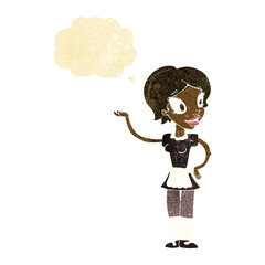 cartoon woman in maid costume with thought bubble