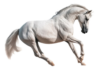 Obraz na płótnie Canvas an equestrian-themed photographic illustration of a white horse mustang stallion colt rearing, jumping, and running on a transparent background in PNG. T-shirt design. Generative AI