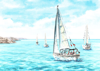 Fototapeta premium Sailboat, sailing yacht on the waves near the coastline. Hand drawn watercolor illustration