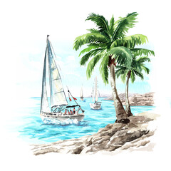 Sailboat, sailing yacht on the waves near the tropical beach. Hand drawn watercolor illustration  isolated on white background