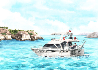 Naklejka premium Sea boat, yacht on the waves near the sea cliff. Hand drawn watercolor illustration isolated on white background