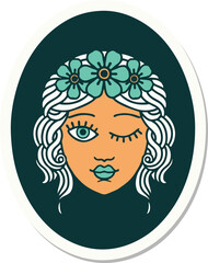 tattoo style sticker of a maiden with crown of flowers winking