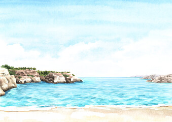 Fototapeta premium Seascape, blue lagoon.Tropical beach with sea and blue sky, summer vacation concept and background. Hand drawn watercolor illustration