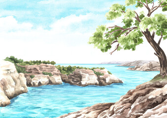 Obraz premium Sea cliff, Coastal rocks. Hand drawn watercolor illustration, and background
