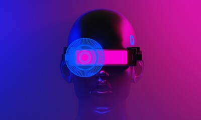 vr ar headset with robot ai, head 3d illustration rendering of futuristic cyberpunk city, gaming wallpaper scifi background, metaverse technology