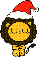 comic book style illustration of a lion wearing santa hat