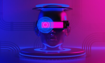 vr ar headset with robot ai, head 3d illustration rendering of futuristic cyberpunk city, gaming wallpaper scifi background, metaverse technology