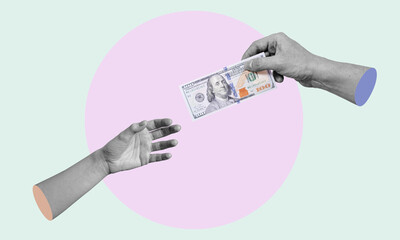 Art collage, hands with money, hands reaching for money.