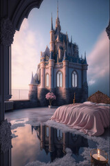 Interior of fairy bedroom of princess overlooking the royal castle with towers in the morning time, Generative AI. Fantasy pretty art can be use as backdrop for photo editing