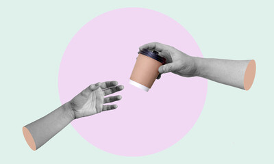 Contemporary art collage with human hands holding a paper cup of coffee. Concept of relaxation.
