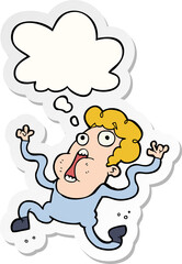 cartoon terrified man and thought bubble as a printed sticker