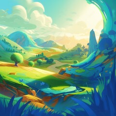 Obraz na płótnie Canvas Enter a world of vibrant colors and captivating visuals with this stunning 8K digital painting of Green Hill Zone 1, evoking the style of Disney and anime. The highly saturated, stylized aesthetic fea