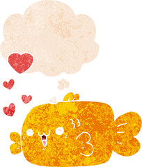 cute cartoon fish with love hearts and thought bubble in retro textured style